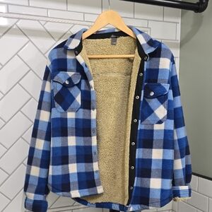 Eddie Bauer Blue and White Plaid Sherpa Jacket